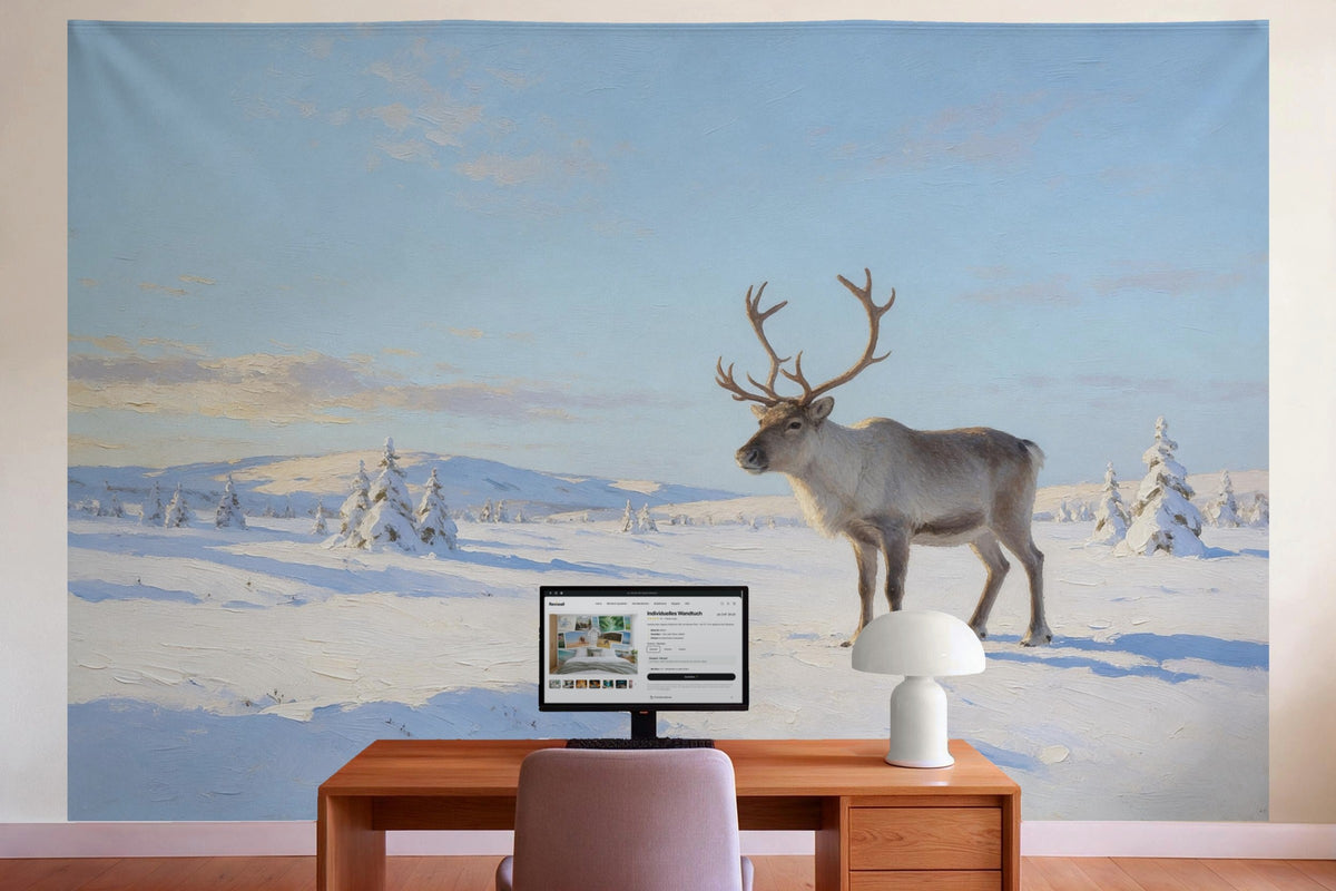 Wanddeko im Büro hinter dem Schreibtisch: Wandtuch Rentier in der Schneelandschaft, auf Stoff gedruckt