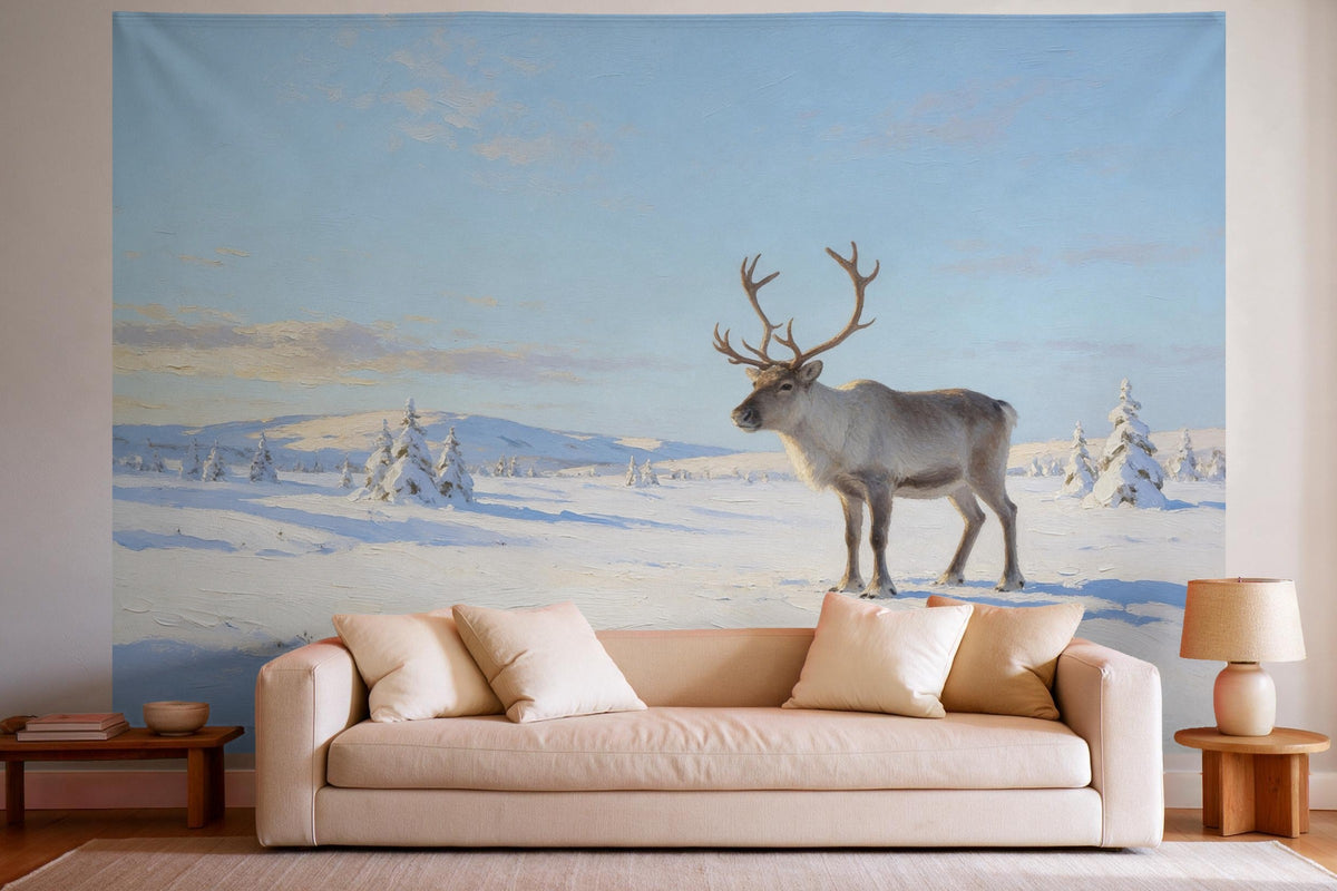 Wandtuch XXL Rentier in der Schneelandschaft als Wanddeko im hellen Wohnzimmer über dem Sofa