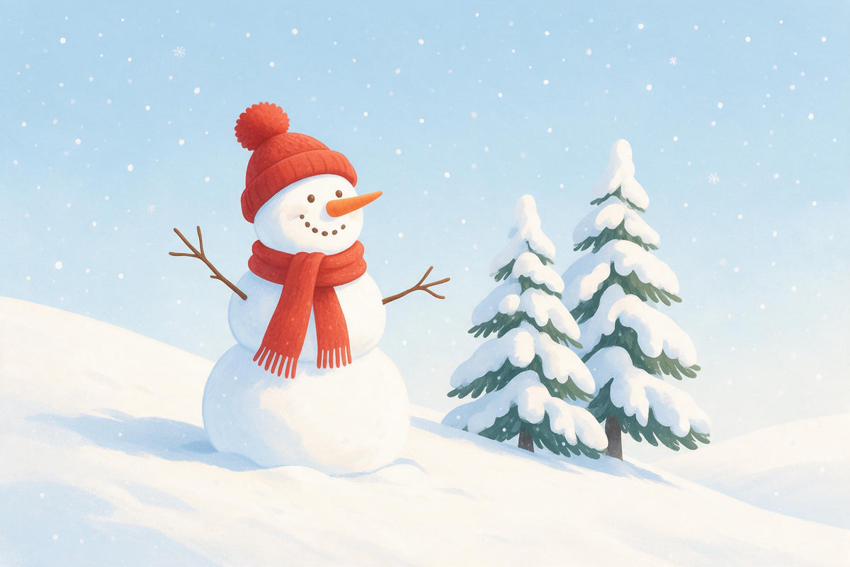 Schneemann mit rotem Schal und Bommelmütze neben zwei verschneiten Tannen, als Wandtuch, auf Stoff gedruckt – Weiss und Rot