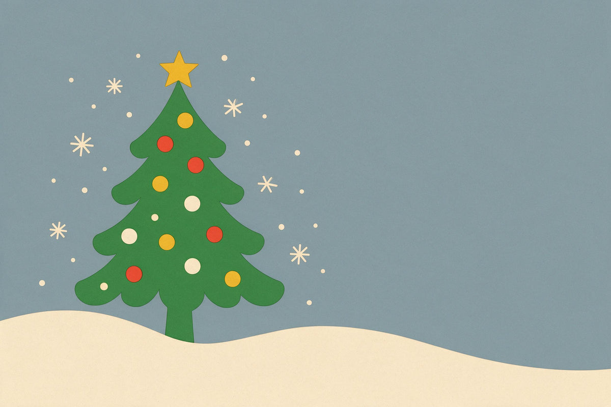 Noël rétro : sapin aux boules colorées à gauche sur la neige, tenture murale imprimée sur tissu – vert et rouge