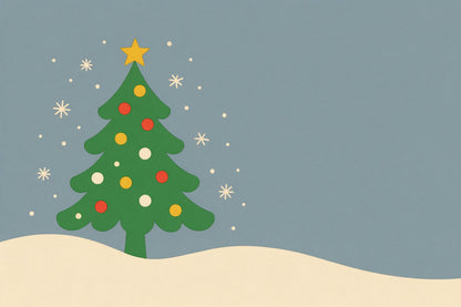Noël rétro : sapin aux boules colorées à gauche sur la neige, tenture murale imprimée sur tissu – vert et rouge