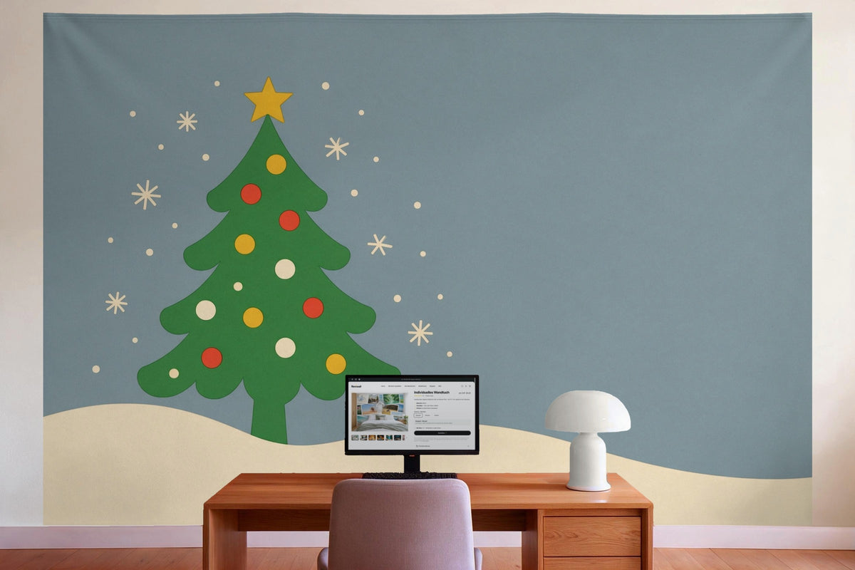 Wall decor in a home office behind the desk: printed fabric tapestry Christmas Tree in the Snow