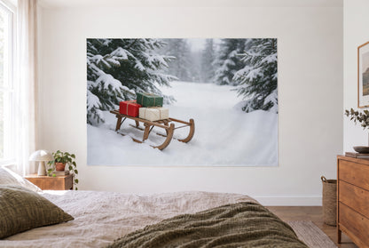 Christmas sleigh in the snowy forest tapestry in the bright bedroom opposite the bed, wooden dresser at right – white