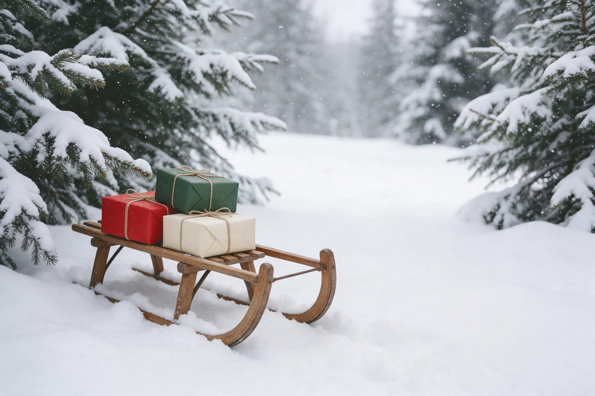 Christmas in the snow: wooden sled with three gifts at left under fir trees, tapestry printed on fabric – white and red