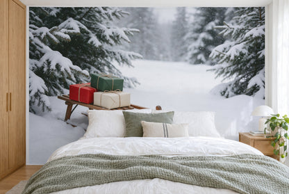 XXL printed fabric: wooden sled with gifts at left, snowy clearing at right, filling the whole wall behind the bed