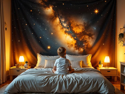Wandtuch Galaxie mit goldenem Sternennebel im Kinderzimmer über dem Bett, auf dem ein Junge sitzt – warmes Licht