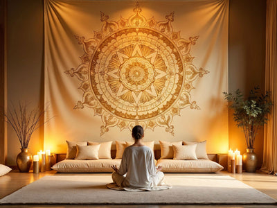 Wandtuch goldenes Mandala im Yogaraum über der Sitzbank mit Kissen – meditierende Person, Kerzen und warmes Licht